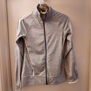 Women's x-small zip up lightweight athletic wear jacket. White with blue strips